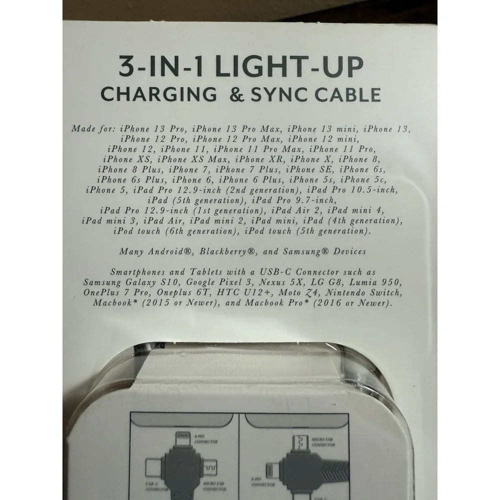 Charging & Sync Cable 3-in-1 Vivitar Light-Up Braided‎ Charger 3 ft